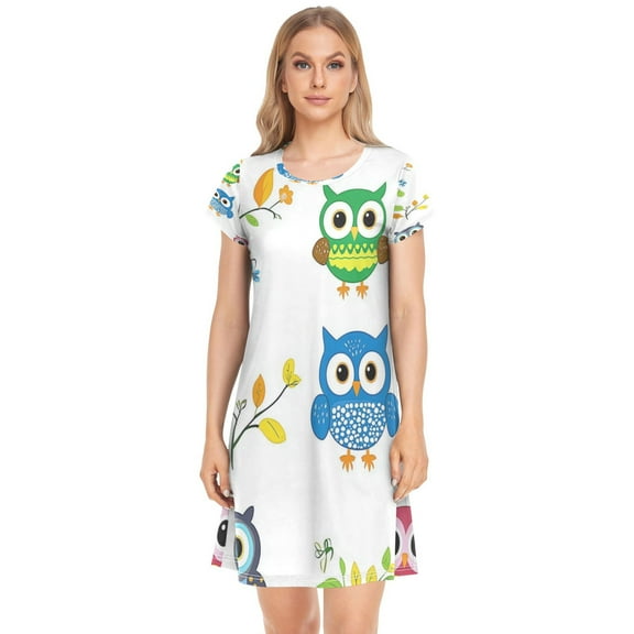 Women's Sleepshirts Clipart with Cute Owls Nightgowns Sleep for Women Soft House Dresses Night Gown for Ladies