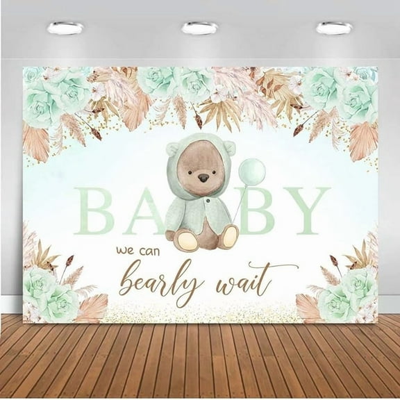 Boho Bear Baby Shower Backdrop 7x5ft We Can Bearly Wait Green Floral Baby Shower Party Decorations for Boy Pampas Grass Photography Background