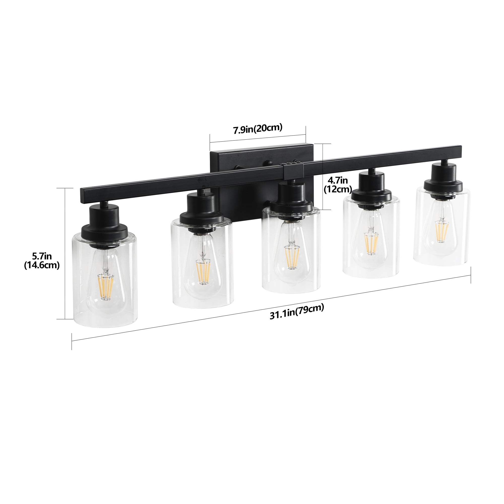 31" Modern Black 5-Light Bathroom Vanity Light Fixture, Industrial Wall Sconce with Clear Glass Shades for Mirror, Bathroom, Bedroom, and Hallway (No Bulbs)