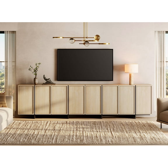 WAMPAT Modern TV Stand for TVs Up to 110", Wooden Entertainment Center TV Console with 8 Door Closed Storage and T-Shaped Wood Legs, Media Console Cabinet for Living Room, Bedroom, Light Oak