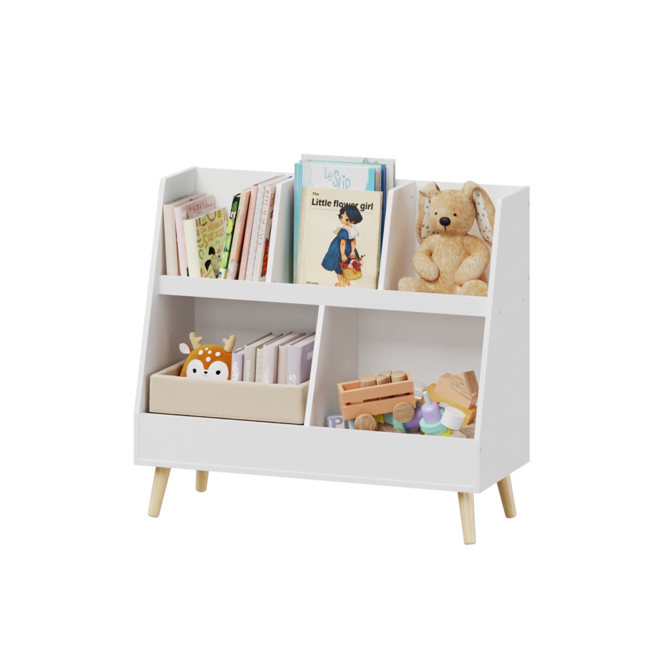 Noble House Solview 32" Kids Wooden Bookshelf and Toy Organizer, 5-Cubby 2-Bin Storage Cabinet for Playroom, White