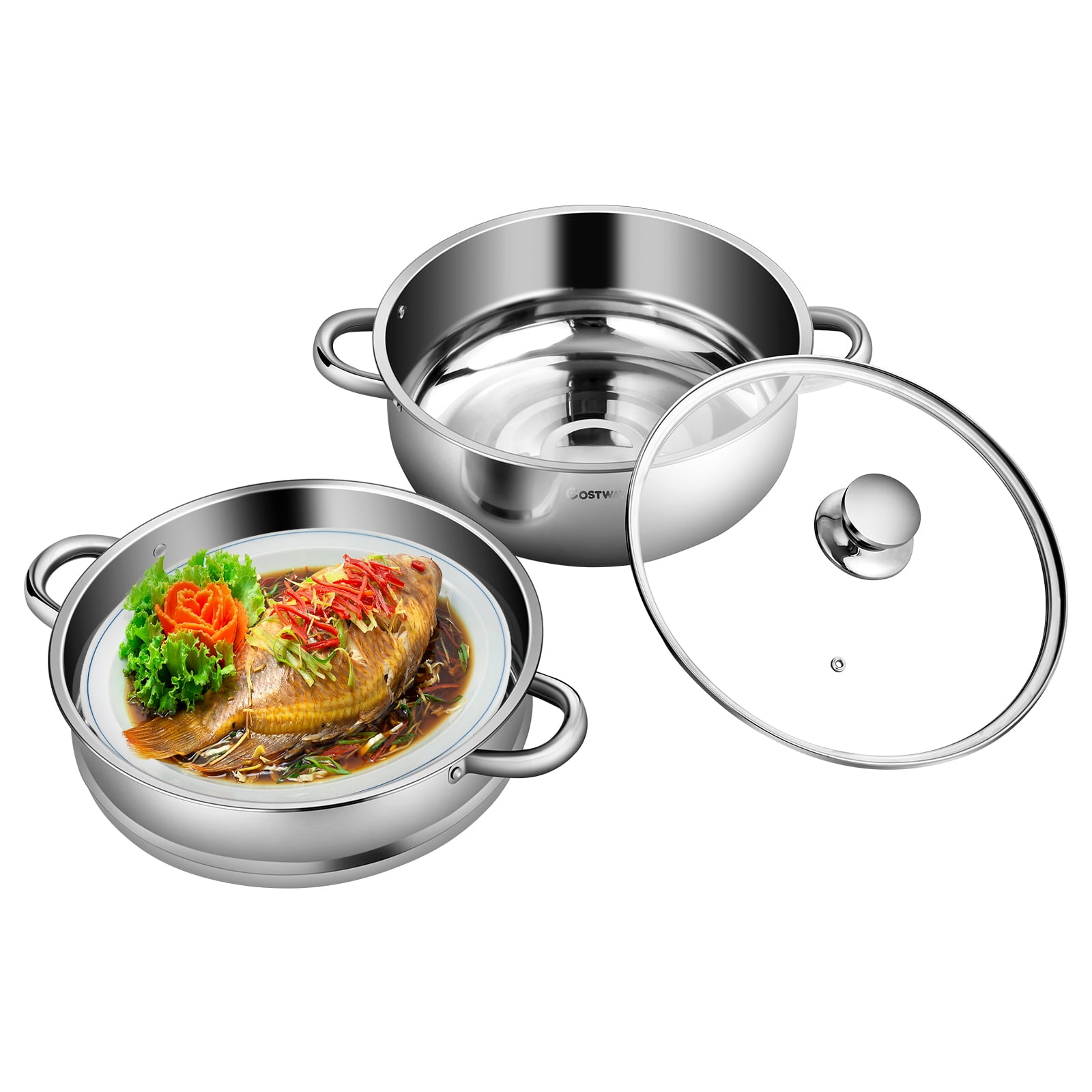 2 PCS Stainless Steel Steamer Pot Set Cookware W/ Tempered Glass Lid ...