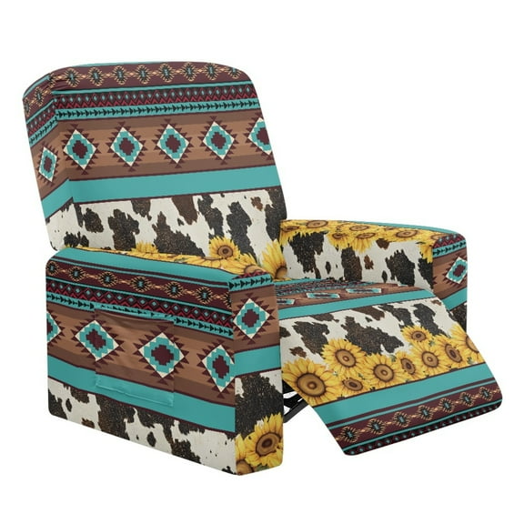 SCRAWLGOD Sunflower American Tribal Cow Print Recliner Chair Covers 4-Pieces Recliner Cover Dog Chair Cover Furniture Protector with Pocket, Elastic Band Washable Slipcover for Dogs, Pets