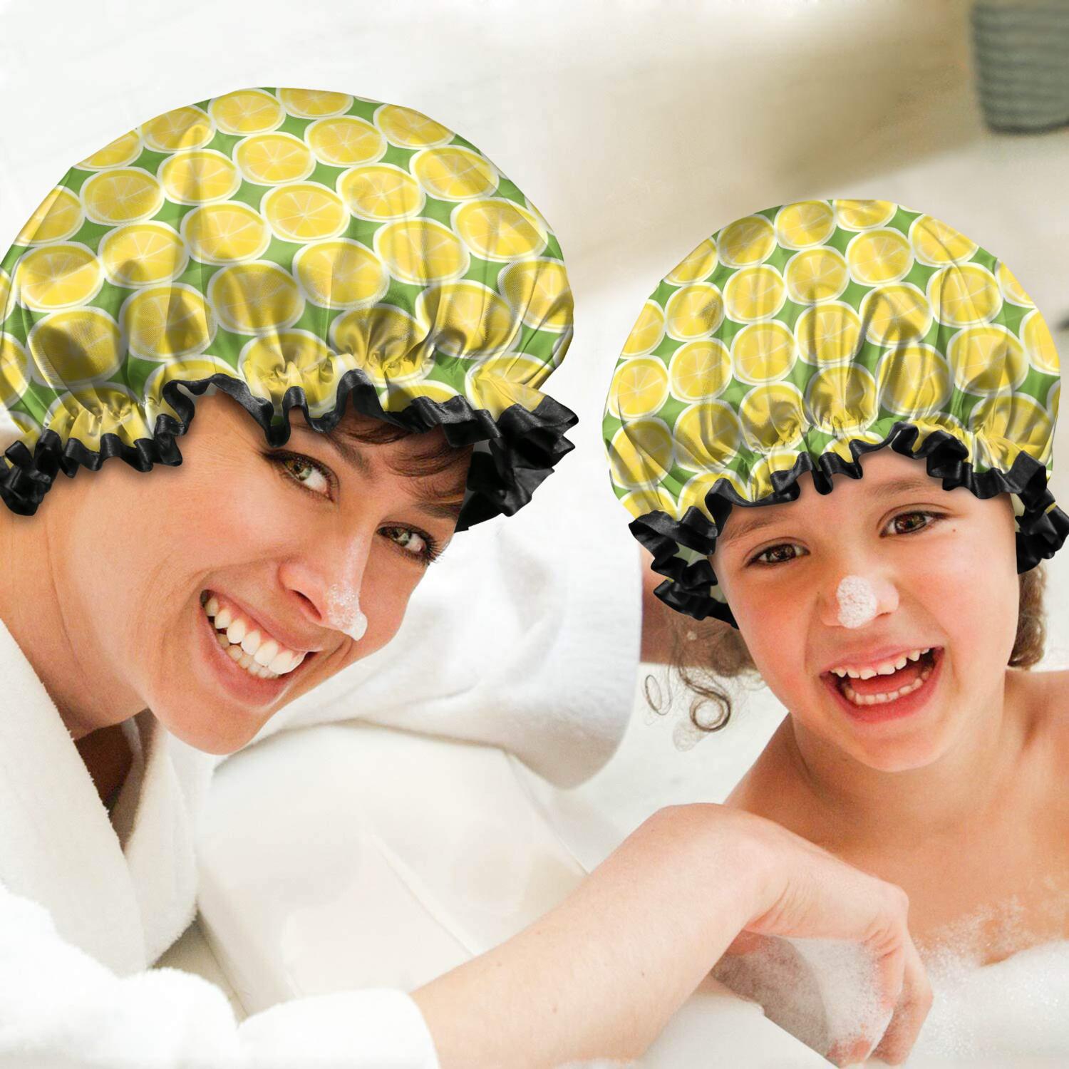 Shower Caps,Yellow Lemon Slices Green Pattern Waterproof Shower Cap for Women 4 Pieces,Double Reusable Hair Cover for Shower PEVA Elastic Stretch Hem