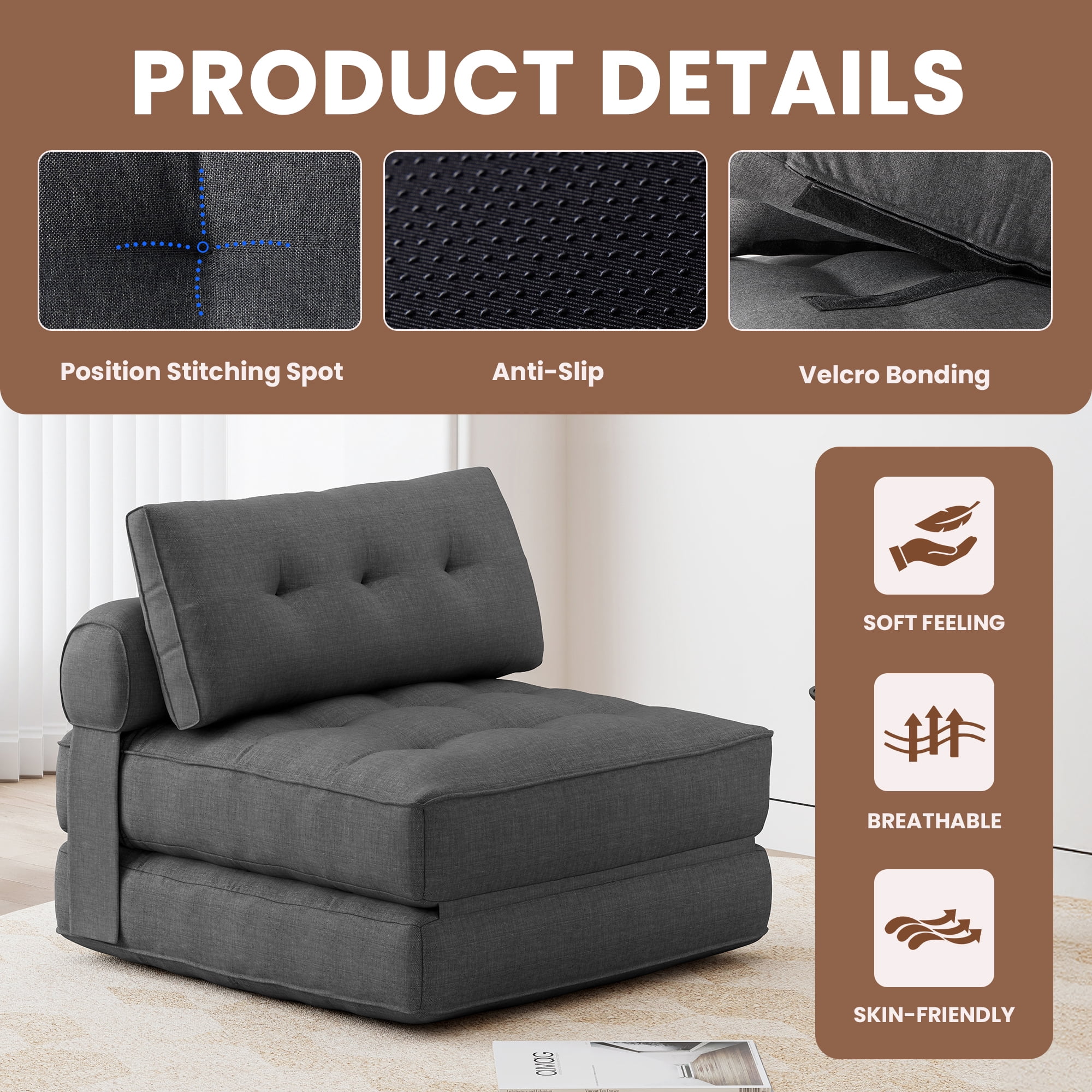 SERWALL Folding Sofa Chair, 4-in-1 Convertible Sofa Bed, Foldable Sofa Chair for Bedroom, Grey