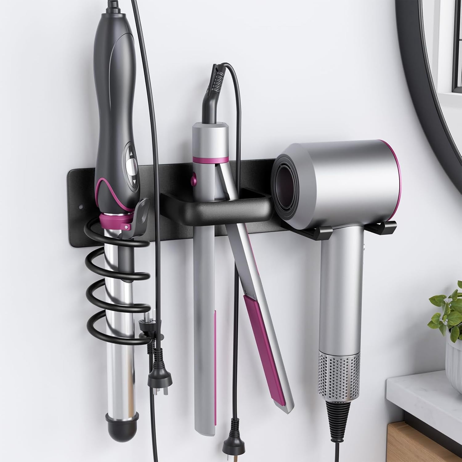 Yimerlen Blow Dryer & Straightener Holder - Wall Mounted Organizer With Phone Holder, Black - View #7