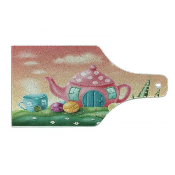Fantasy Cutting Board, Polka Dotted Fantasy Tea Pot and Coffee Cup House Surrounded by Lollipops, Tempered Glass Cutting and Serving Board, Wine Bottle Shape, Fern Green and Coral, by Ambesonne