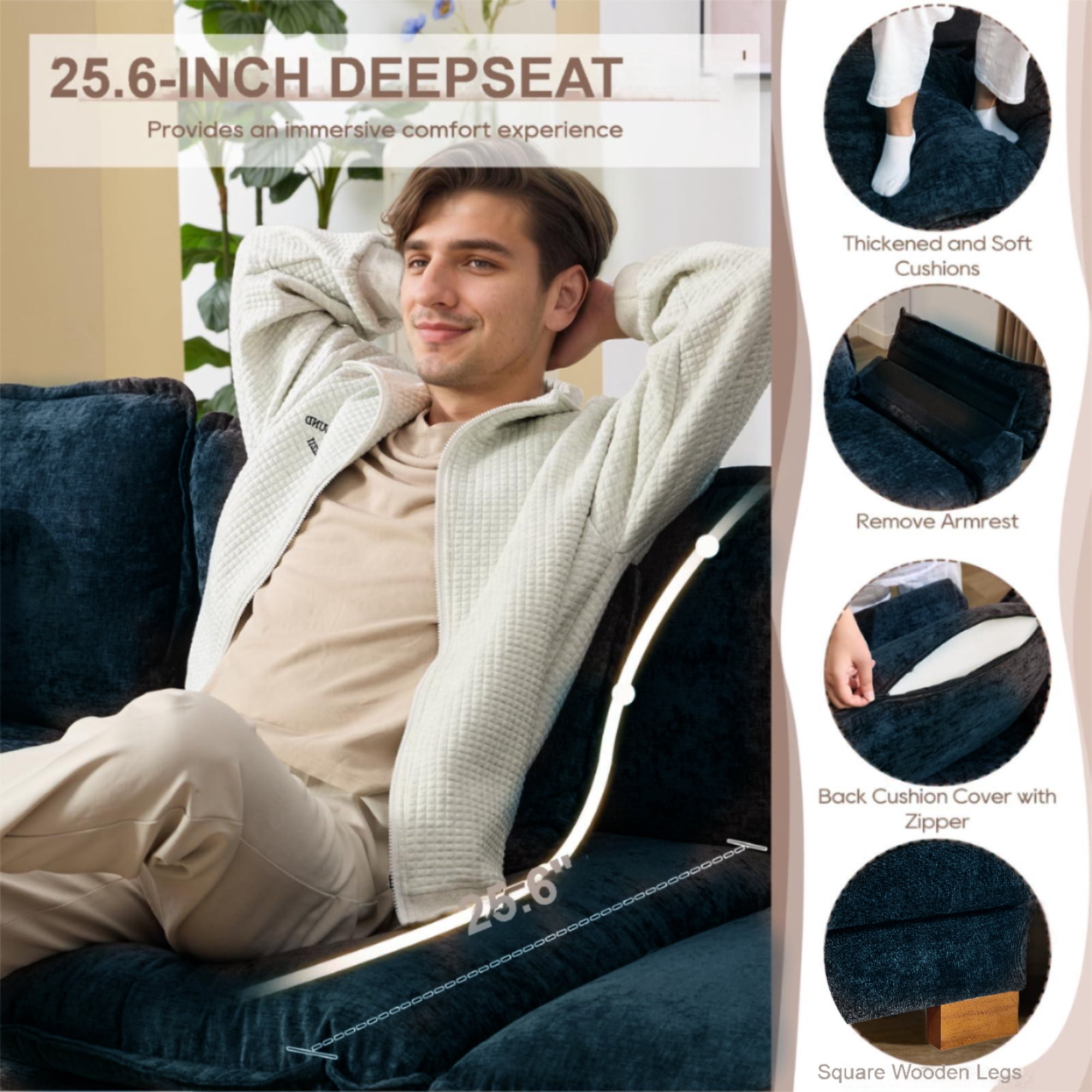Aukfa 113" Sectional Sofa Couch with 4 Lumbar Pillows&Dual Layer Cushions, Chenille, Blue