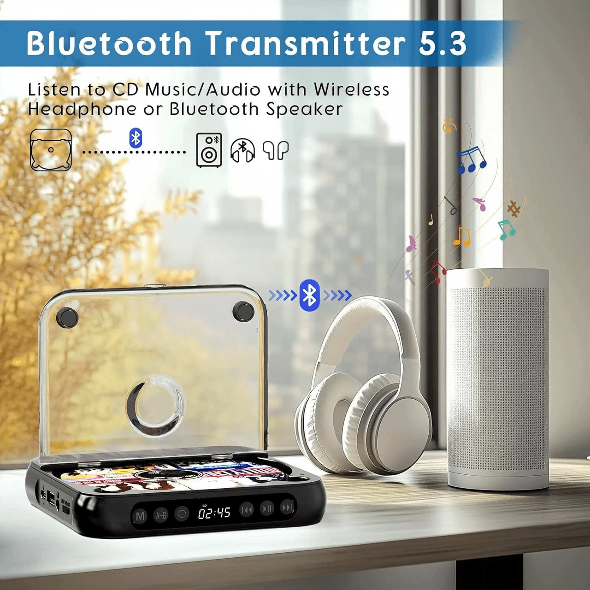 Portable Bluetooth LCD Screen Display CD Player, Plays MP3 & CD-R/RW for Car & Travel, Black