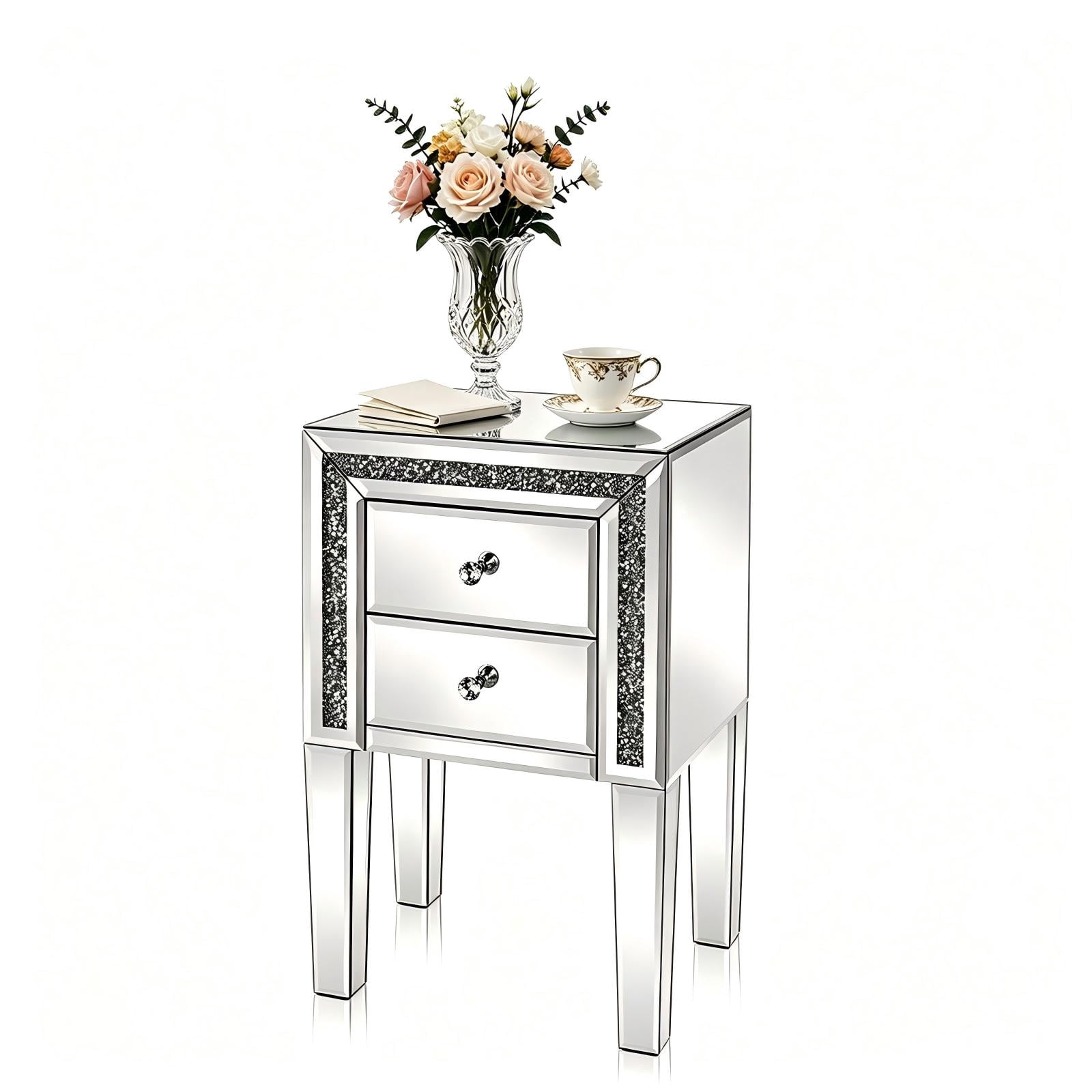 2-Drawer MDF Bedside Table with Mirror Finish, Silver, 16.2 x 13 x 24.8 in