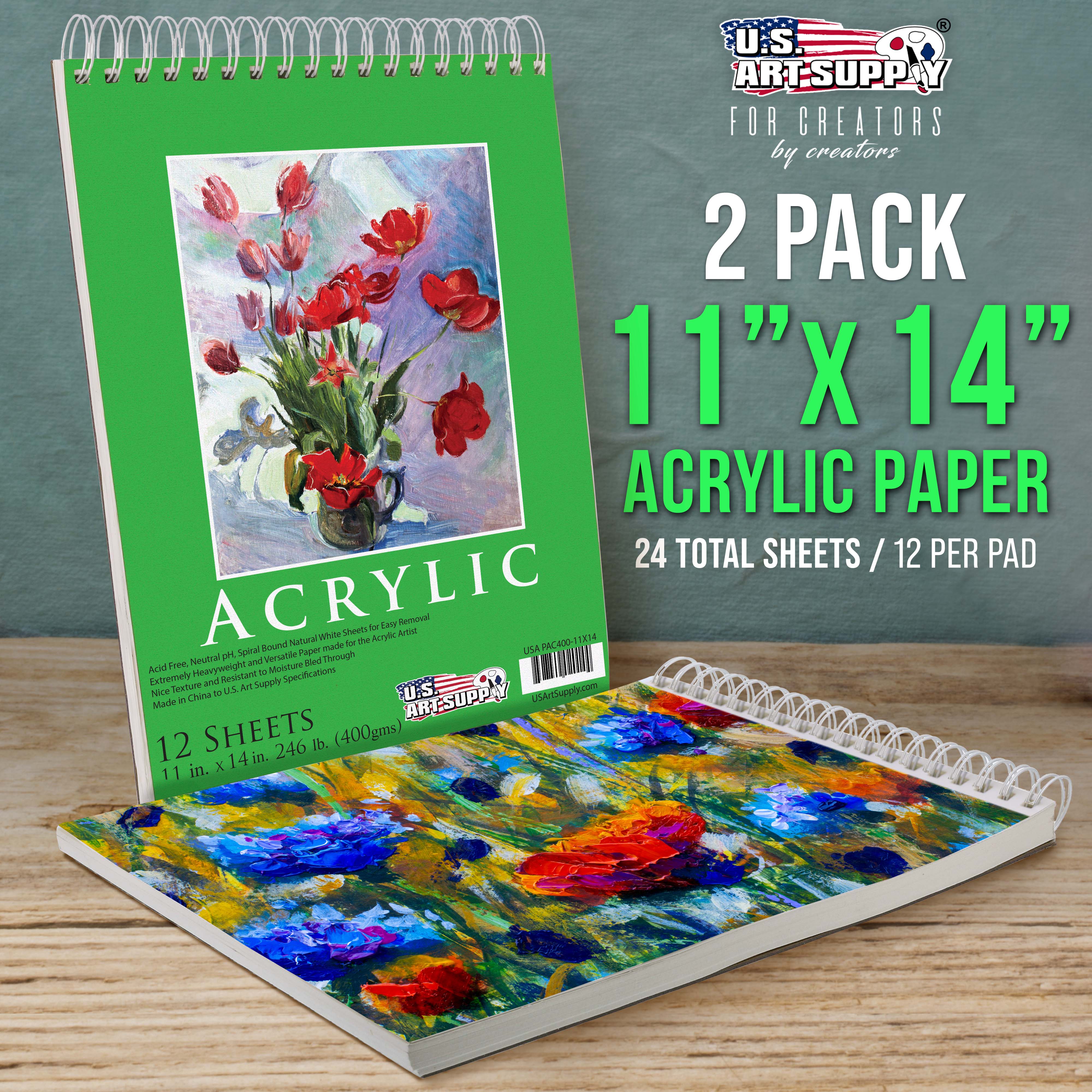 U.S. Art Supply 2 Packs of 11" x 14" Premium Extra Heavy-Weight Acrylic Painting Paper Pad 246lbs 12-Sheets