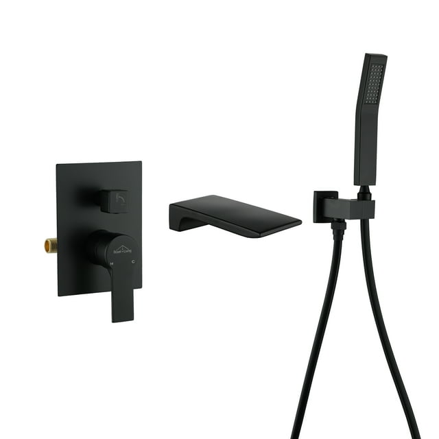Boyel Living 2-function Waterfall Wall Mount Bathtub Faucet with Single-Handle Handheld Shower,Bathroom Roman Tub Faucet with Hand Shower in Matte Black