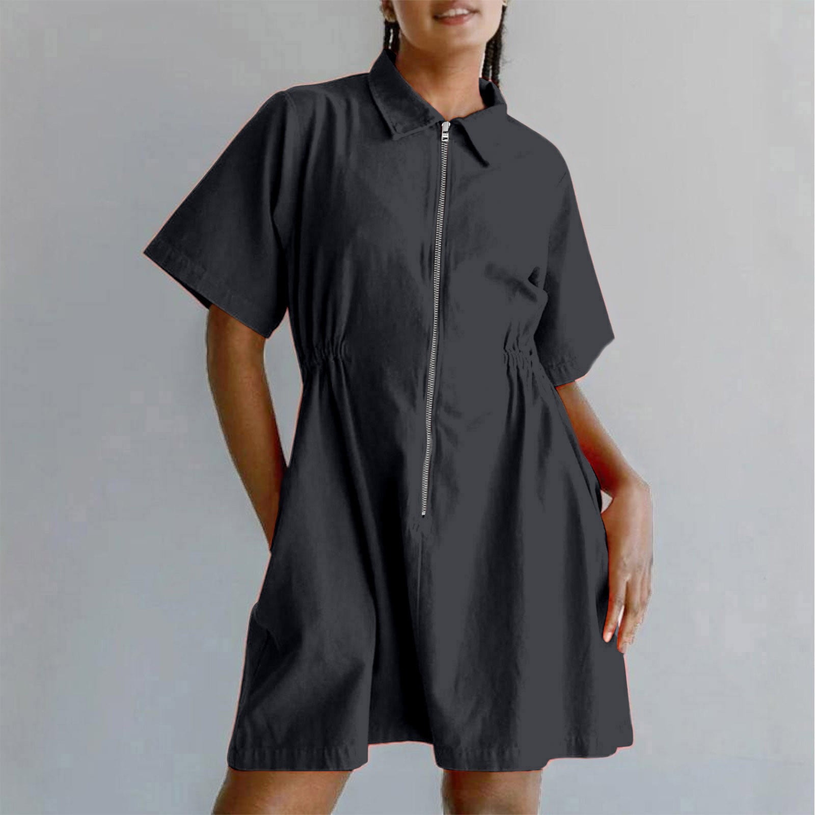 Women Short Sleeve Zipper Casual Dress Loose Athletic Dresses Solid Zip Up Summer Sundress 2025 Fashion