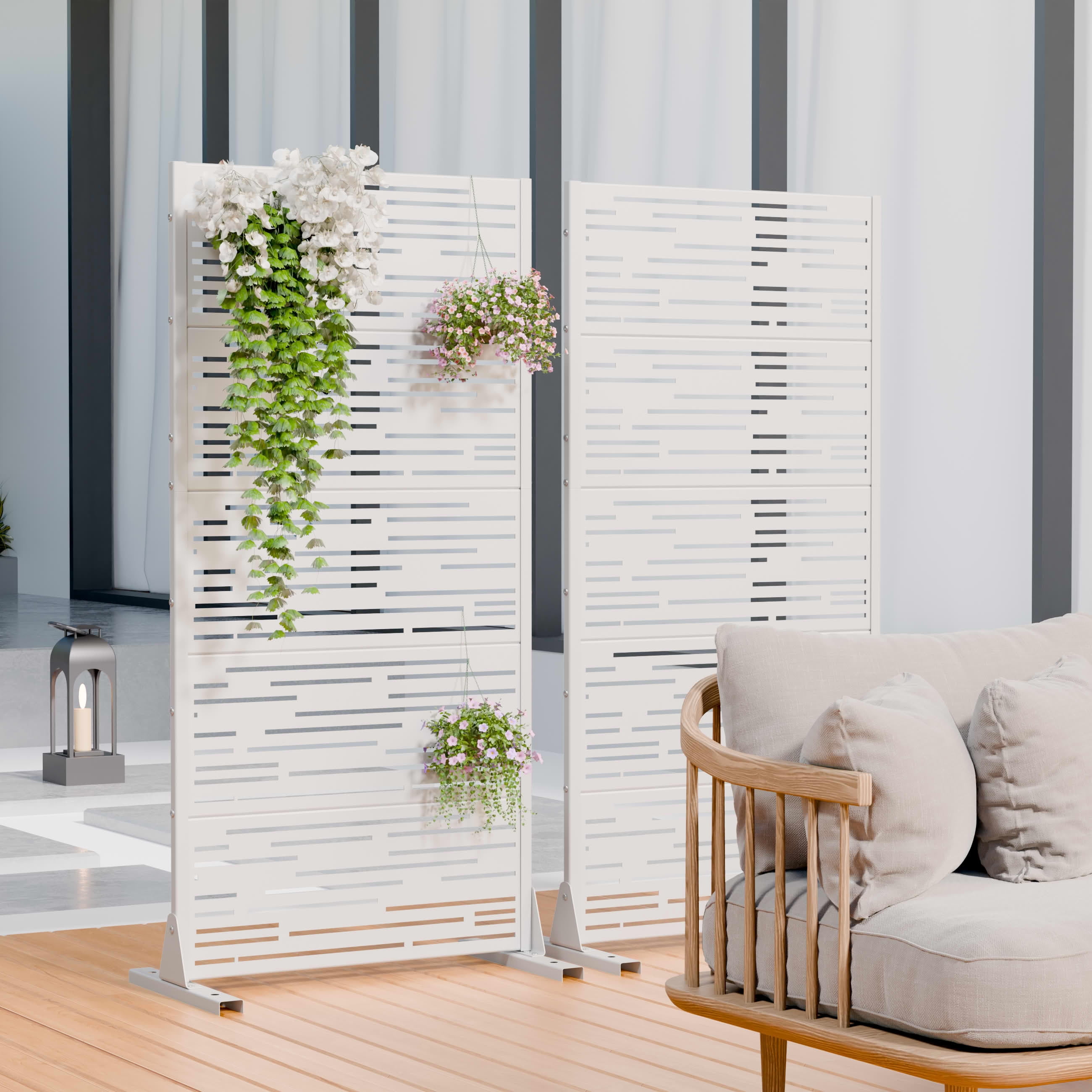 MAYEERTY 2-Piece Outdoor Metal Privacy Screen 5ft White, 5-Panel Light & Shadow Pattern, Rust-Resistant for Garden