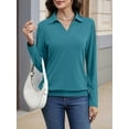 thumbnail image 5 of Womens T-Shirts Long Sleeve Banded Bottom Tops Business Casual Tops Collared V Neck Blouses Green S, 5 of 7