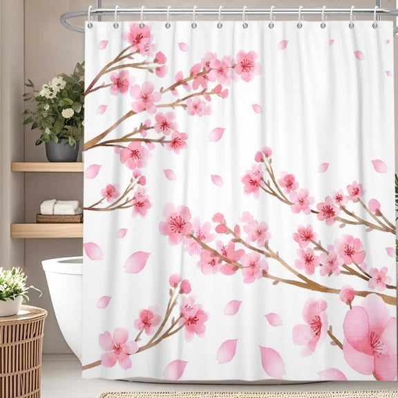Spring Floral Shower Curtain Cherry Blossom Bath Curtain for Bathroom Decor with Hooks 72x72 in