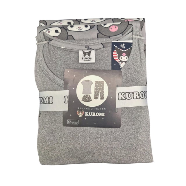 Pijama Kuromi para Dama Set Playera Manga Corta con Capri y Short Gris Talla CH 3 Piezas