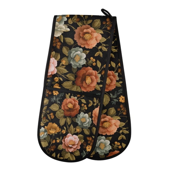 35" x7" Double Oven Mitt Heat Resistant Oven Gloves Withstands Up to 200°C for Kitchen Baking & BBQ Vintage-inspired Floral Pattern