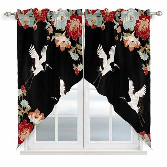 Black Crane Swag Curtains for Kitchen/Bedroom/Living Room, Vintage Red Teal Spring Floral Botanical Scalloped Curtains 63 Inch Long, Window Swag Topper Curtains Valances 2 Panels Set 36"x63"