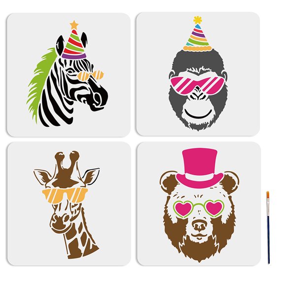1bag 1 set PET Hollow Out Drawing Painting Stencils for Scrapbook Photo Album with 1pc Art Paint Brushes for Acrylic Painting Watercolor Oil Gouache Animal Stencils: 300x300mm 4pcs/set