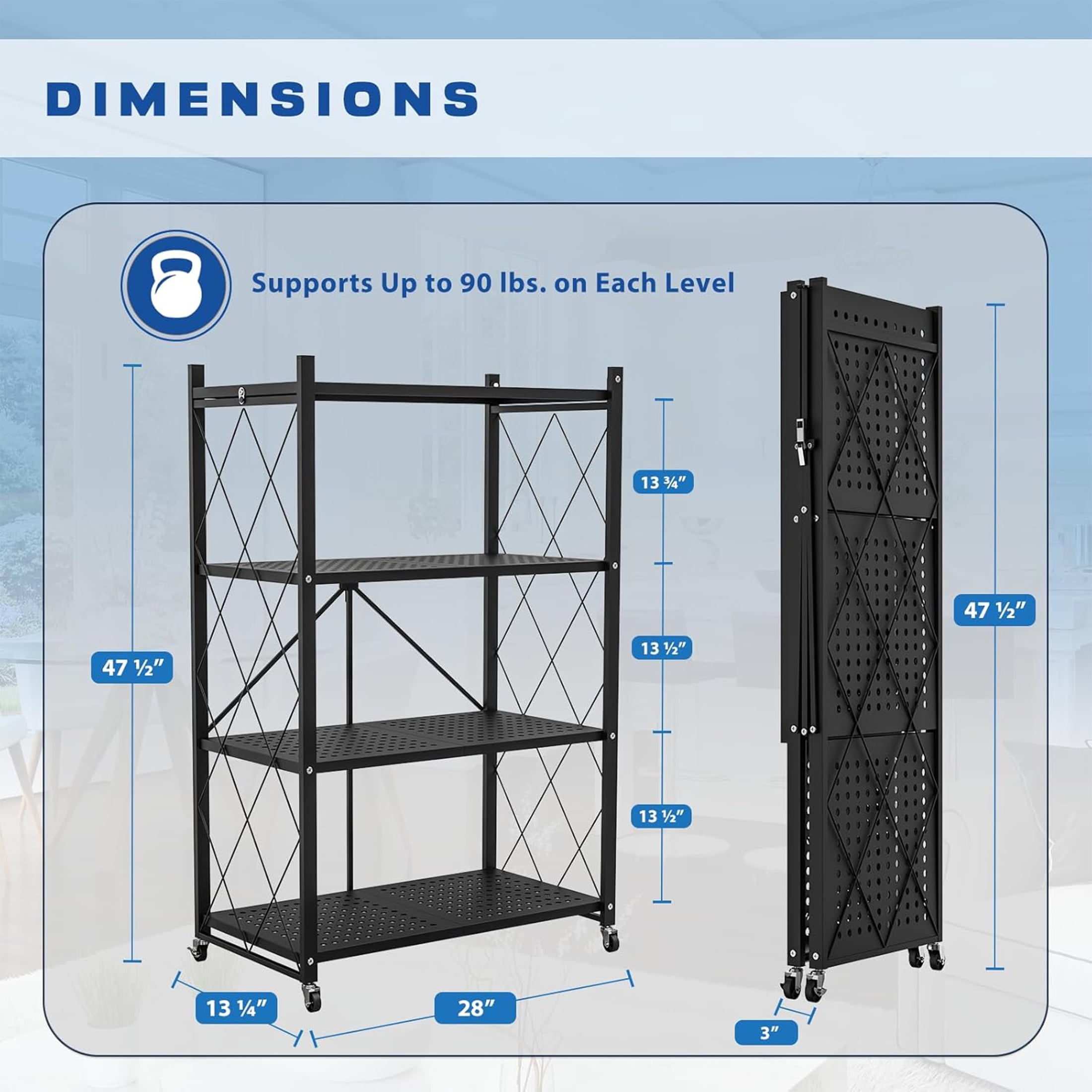 Lifetime Appliance Parts 4-Tier Foldable Storage Shelf with Wheels - Metal Collapsible Shelving Unit Display, Rolling Cart for Books Kitchen Storage Shelves, Pantry & Closet Organizer - BLACK