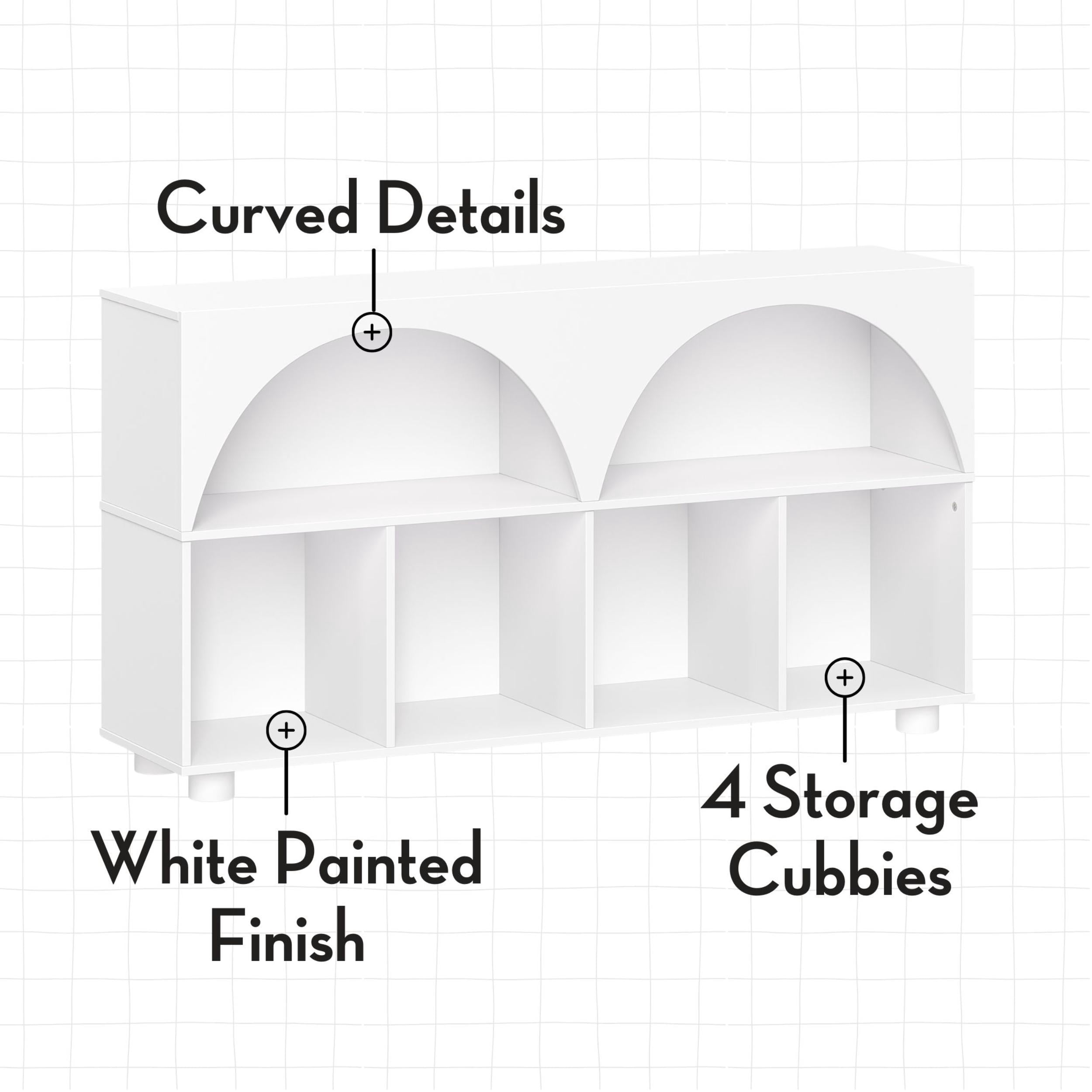 RiverRidge Kids Curve Appeal 46in Arched Bookcase with Cubby Storage Shelf and 2 Gray Bins
