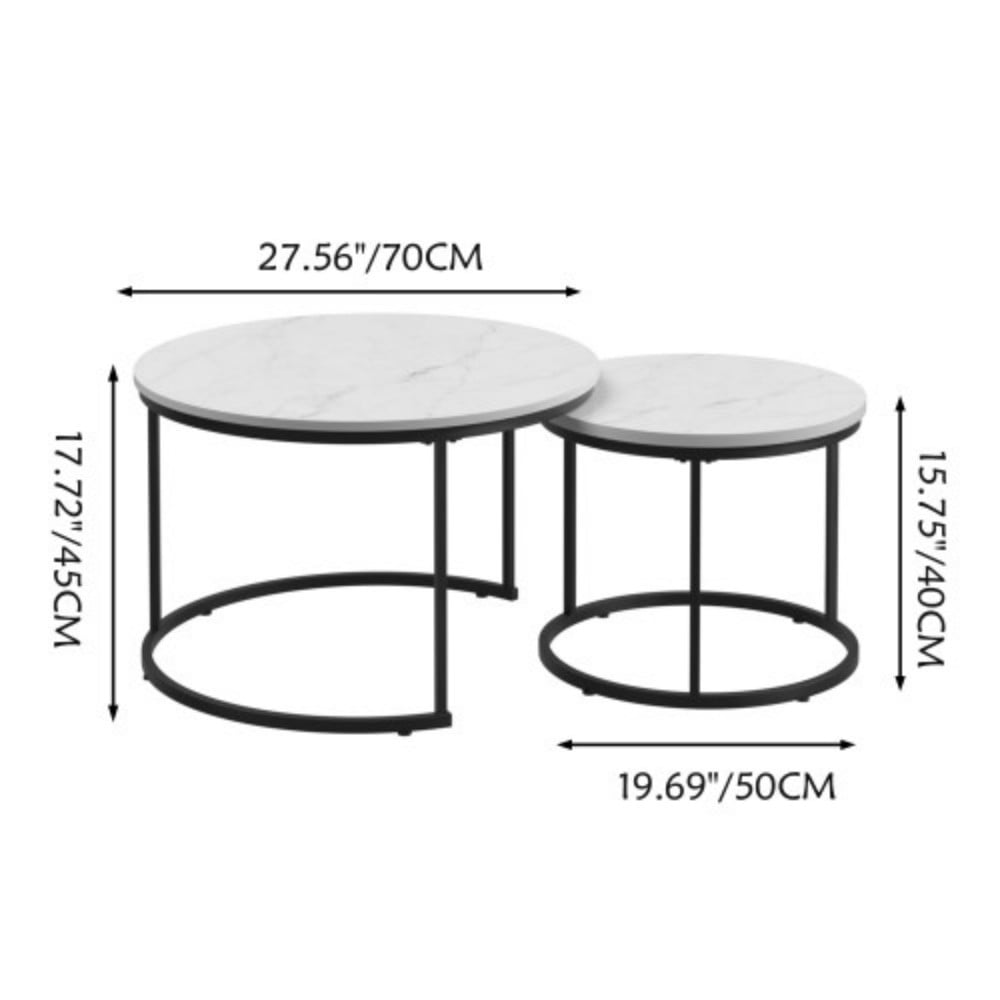 27.6" Nesting Coffee Table Set of 2, Round Wood Marble Pattern Top with Sturdy Metal Frame, Stackable End Tables for Living Room, Bedroom, Office, White & Black
