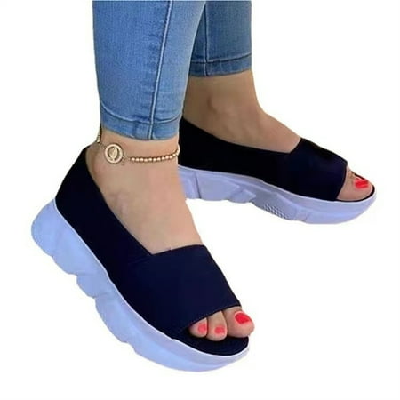 

Women\ s Platform Sandals Peep Toes Thick Sole Flat Heel Summer Slip-on Shoes