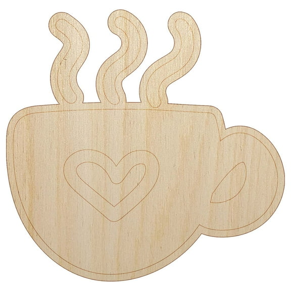 Steaming Hot Coffee Mug Cup with Heart Wood Shape Unfinished Piece Cutout Craft DIY Projects - 4.70 Inch Size - 1/8 Inch Thick