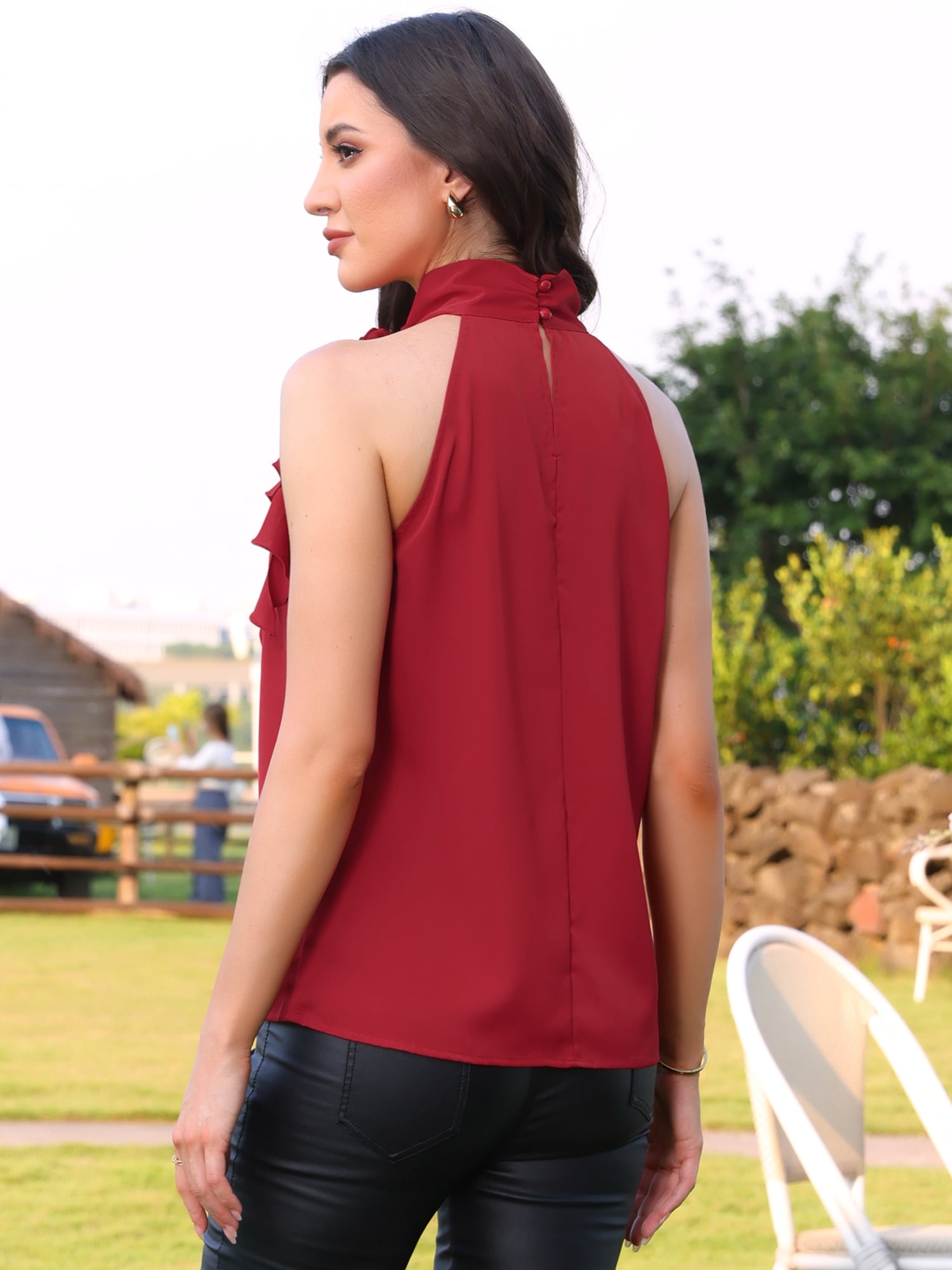 DARING DIVA Women's Halter Neck Top 3D Floral Sleeveless Dressy Casual Blouse M Red