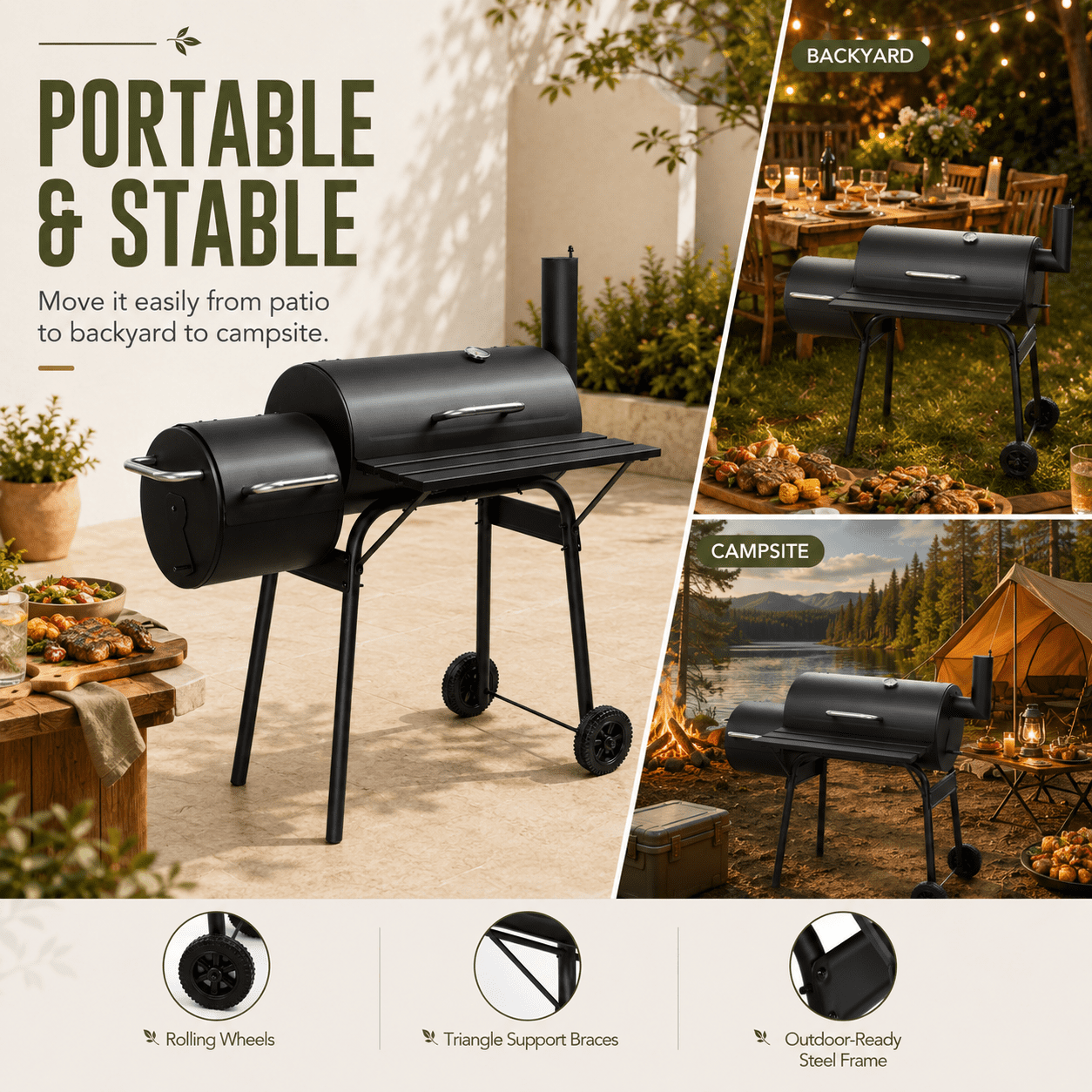 Smoker Grill, Outdoor BBQ Charcoal Grill W/2 Cooking Area, Portable Offset Smoker on Wheels for Patio Backyard Camping