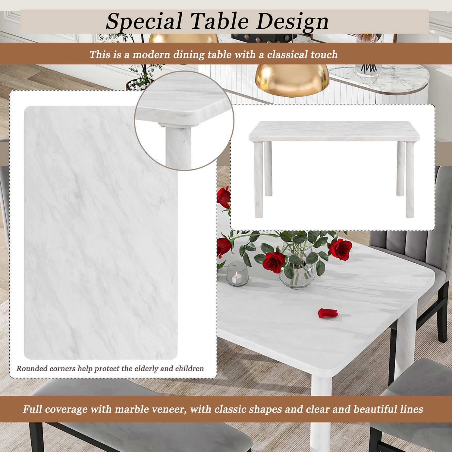 Kadyn 6-Piece Dining Table Set, Modern Home Dining Set with Marble Veneer Table and 4 Flannelette Upholstered Dining Chairs & Bench, Solid Wood Kitchen Table Set for Dining Room, White+Gray