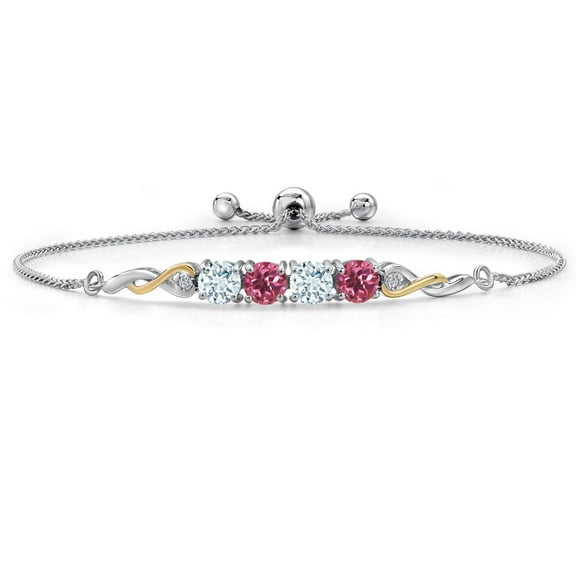 925 Silver and 10K Yellow Gold Sky Blue Aquamarine and Pink Tourmaline and White Lab Grown Diamond Bracelet for Women | 2.06 Cttw | Gemstone March Birthstone | Round 5MM | Fully Adjustable 9 inch