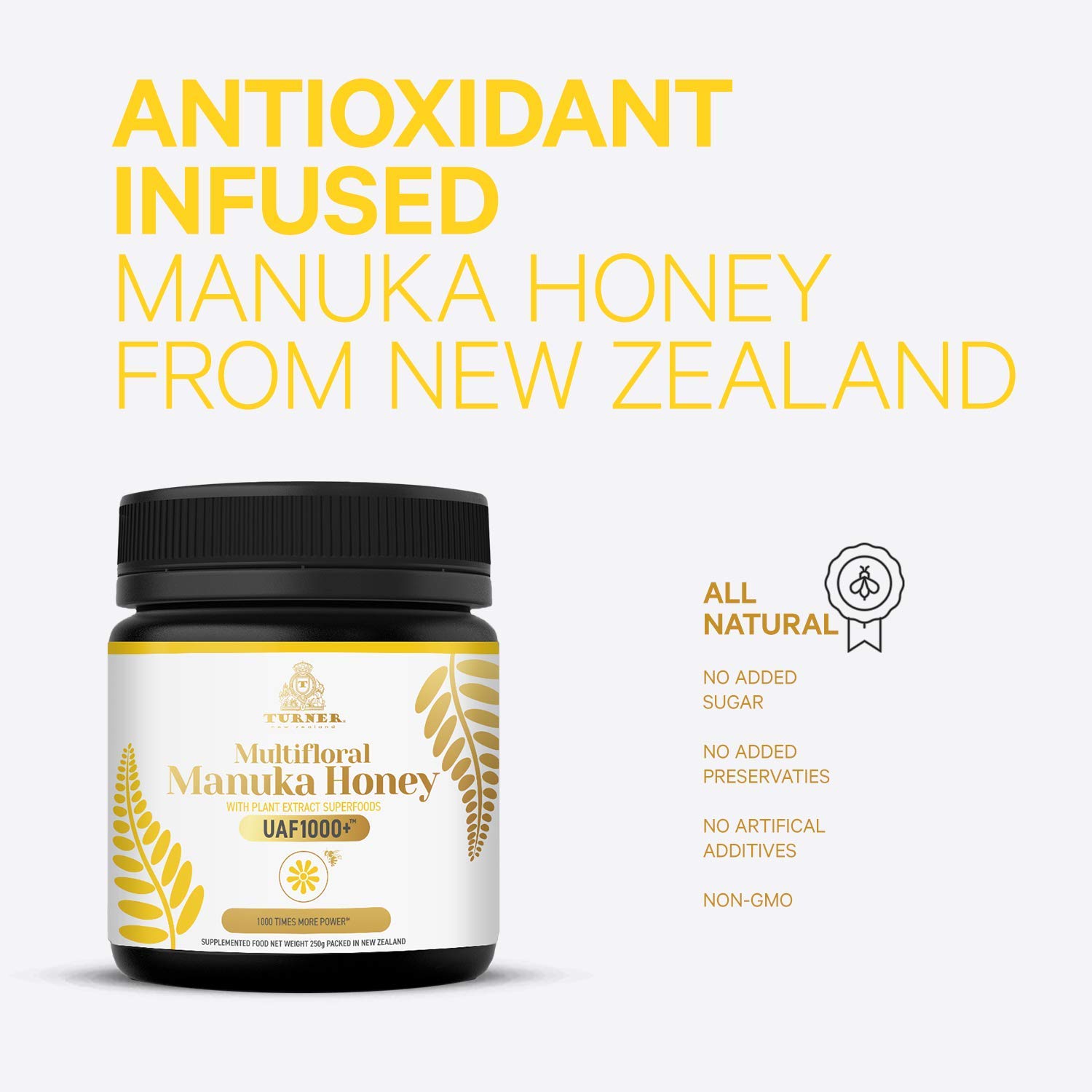 TURNER Multifloral Manuka Honey New Zealand, Organic UAF1000+, Anti-Inflammatory and Natural Antioxidants, 1 Jar, 8.8oz/250g