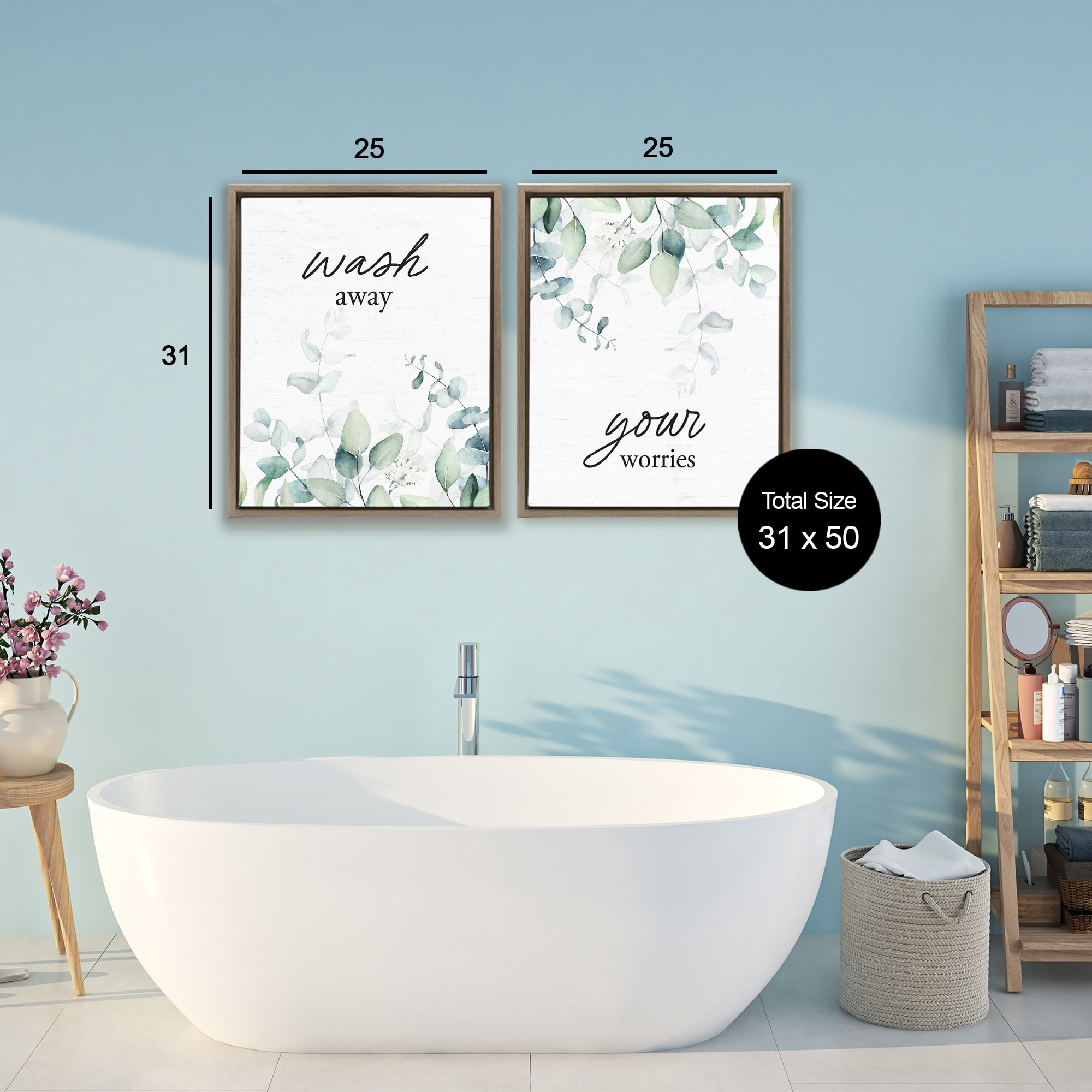 Wash Away Your Worries Leaves 2 Piece Brown Framed Floater Canvas Set, design by Lettered and Lined