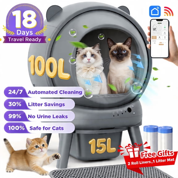 Large Capacity Self Cleaning Litter Box, 100L 15L Automatic Cat Litter Box for Multiple Cats with App Control, Safety Protection, Negative ion Deodorization, 2 Roll Garbage Bags & Mat