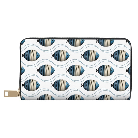 Leather Thin Slim Wallets for Women Men - Blue swimming fish Clutch Card Wallet for Women Men with Zipper