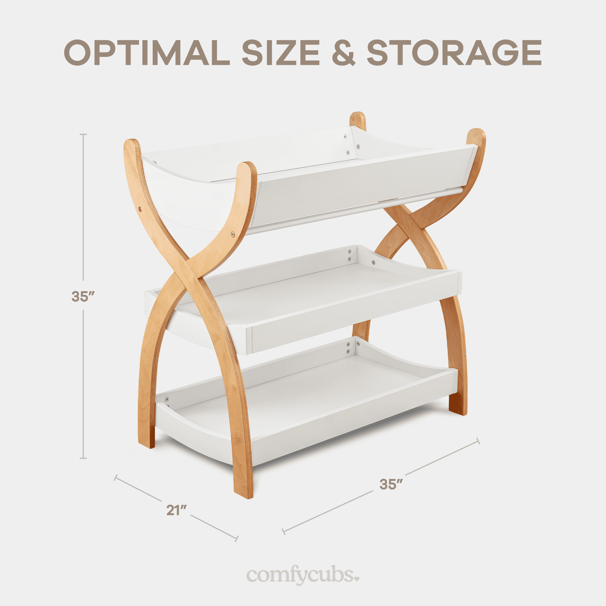 Comfy Cubs Baby Changing Table with Two Open Shelves for Storage - White with Natural Wood Legs