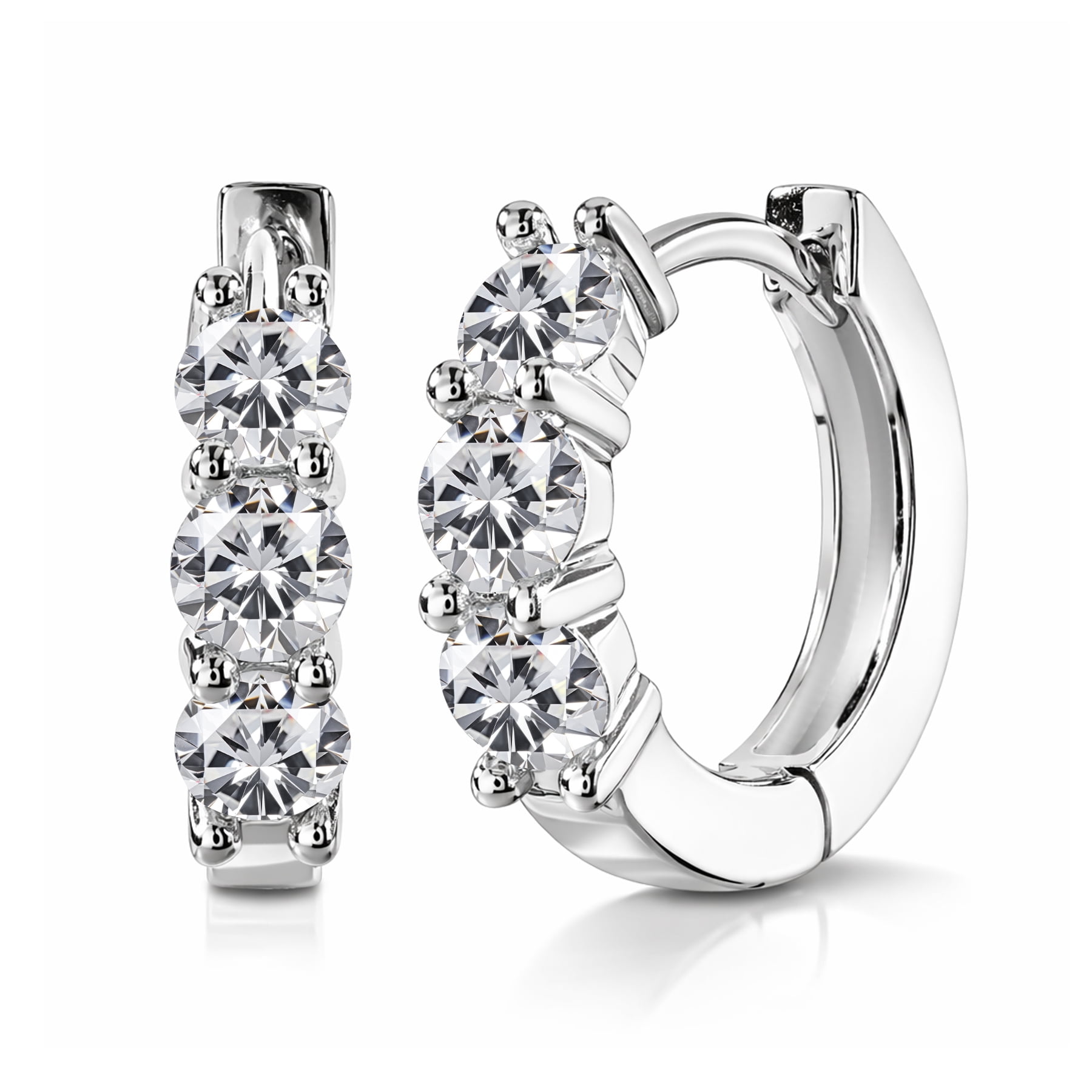 JeenMata 1 Carat Lab Grown Diamond Huggie Hoop Earring - Round Cut Three Stones Huggie Earrings in 18K White Gold Plating for Women, Gift for Her
