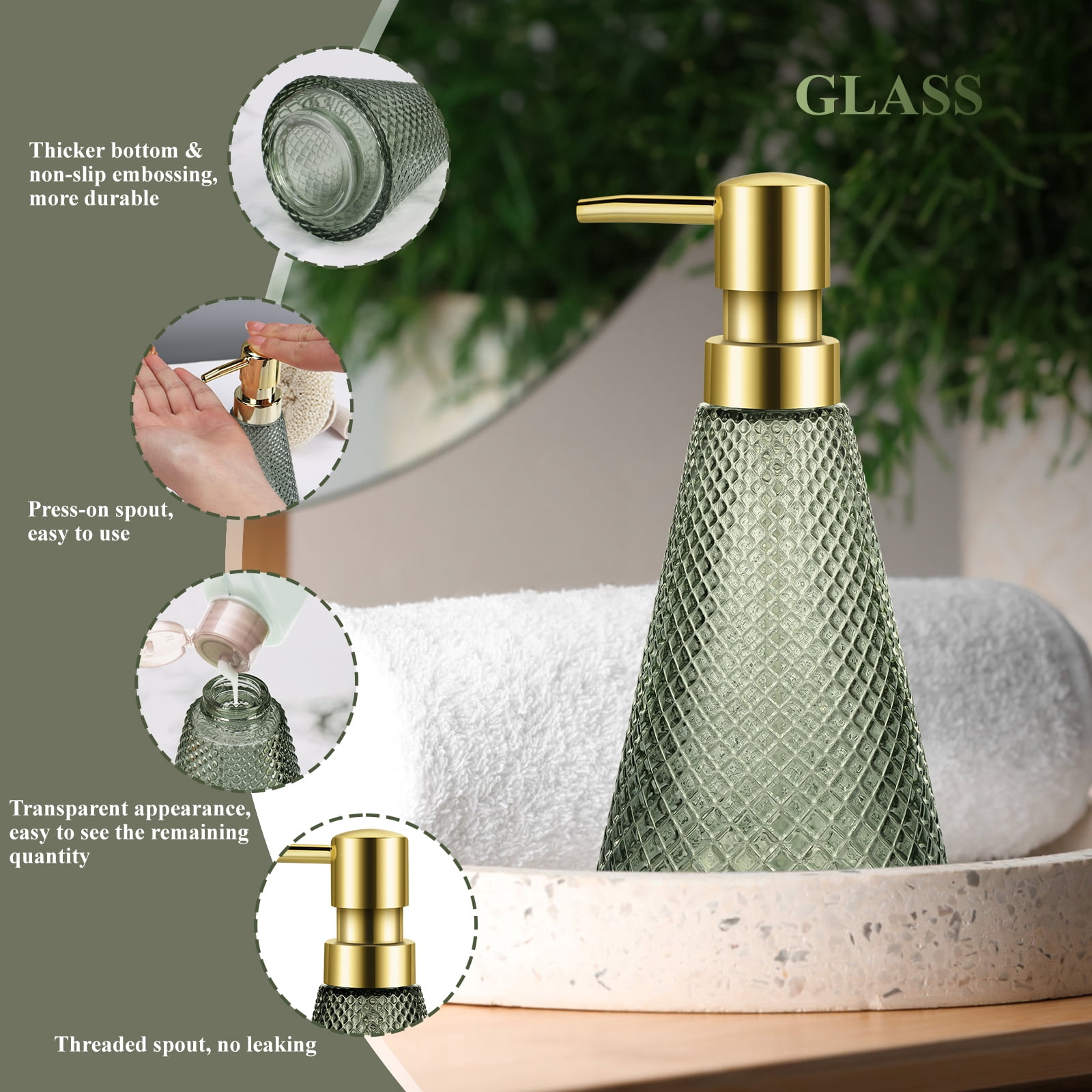FOUNDLDF 5Pcs Clear Glass Bathroom Accessories, Bathroom Accessories Set with Lotion Soap Dispenser, Soap Dish, Tumbler, Cotton Swab Jars, Green