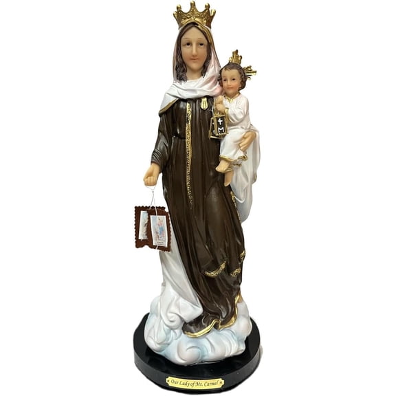 Luciana Series 12" Lady of Mount Carmel Statue with Wooden Base – Religious Figurine and Devotional Home Decor