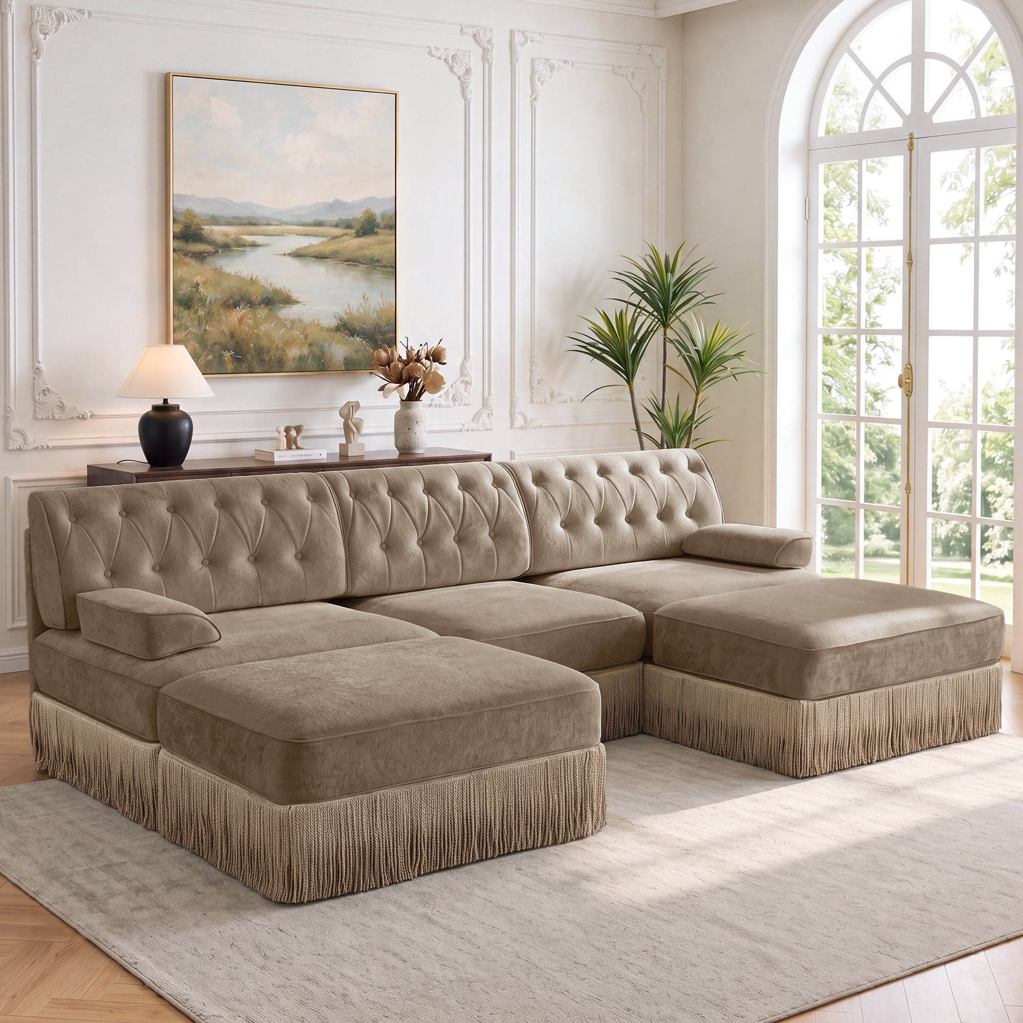 106" Chesterfield 3 Seater U-Shaped Modular Sectional Sofa Set with 2 Ottoman and Tassel Skirt, Easy to Assemble