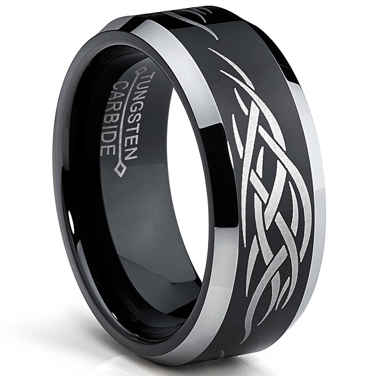 8MM Black Men's Tungsten Ring with Laser Etched Tribal Design Size 8 ...