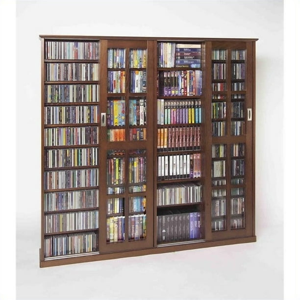 Leslie Dame 62" Sliding Door Inlaid Glass Multimedia in Walnut