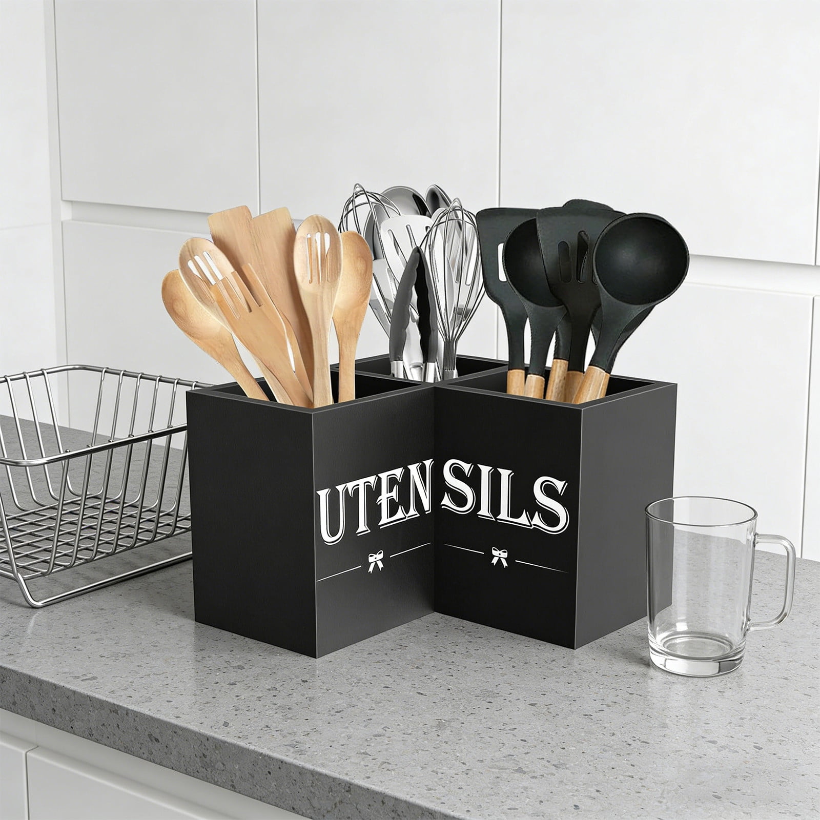 Bomd Extra Large Kitchen Utensils Holder with 3 Compartments,Corner Shelf,Wooden Utensil Organizer for Kitchen Countertop, Farmhouse Decor, Rustic Cooking Utensil - Black grain