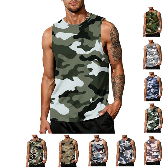 LWavelet Graphic Tank Tops for Men Camouflage Crew Neck Sleeveless Shirts Big and Tall Loose Fit Breathable Workout Tees