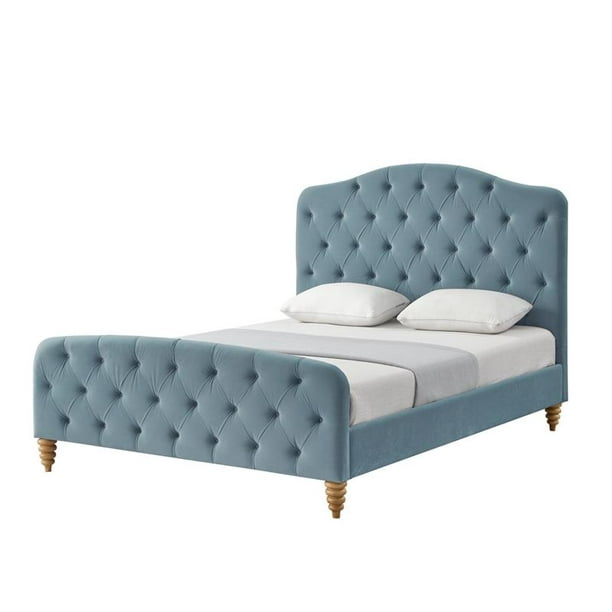 Calliope Bed Light Blue Velvet Queen, Brompton Midnight Blue Fabric Small Double Bed Frame