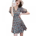 thumbnail image 1 of CNKOO Été Femmes V Cou Floral Mini Robe Manches Courtes Froncé Robes Vintage Sexy, 1 of 9