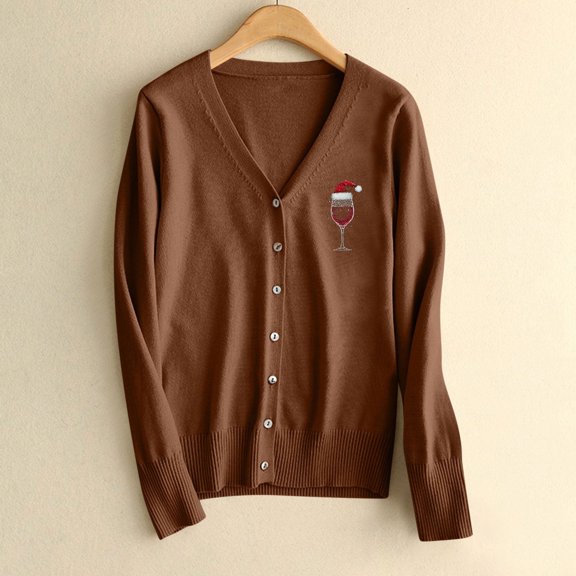 SYMOID Womens Festive Christmas Acrylic Cardigan - Soft V-Neck Button Front with Wine Glass Santa Hat Graphic, Brown, S-XXXL Plus Size for Holiday & Everyday Layering,Size 3XL