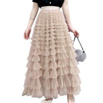 SWSMCLT Women's Ruffle Maxi Skirt Cute Casual Overlay Basic Fashion Tiered Long Tulle Skirt Elastic Waist Layered Apricot Large